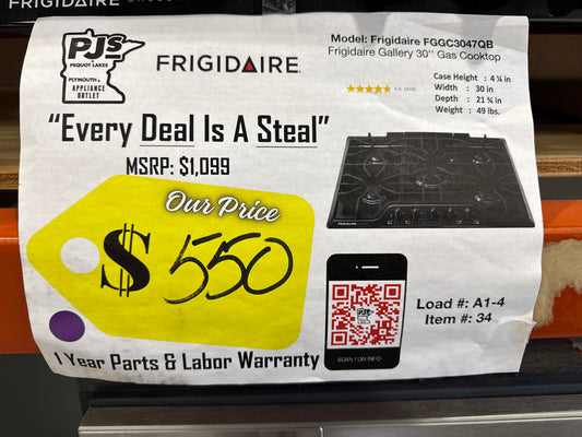 Frigidaire Gallery Series FGGC3047QB 30 Inch Gas Cooktop with LP Conversion Option, Seamless Recessed Burners, SpillSafe®, Angled Front Controls, Continuous Iron Grates, Low Simmer Burner and ADA Compliant