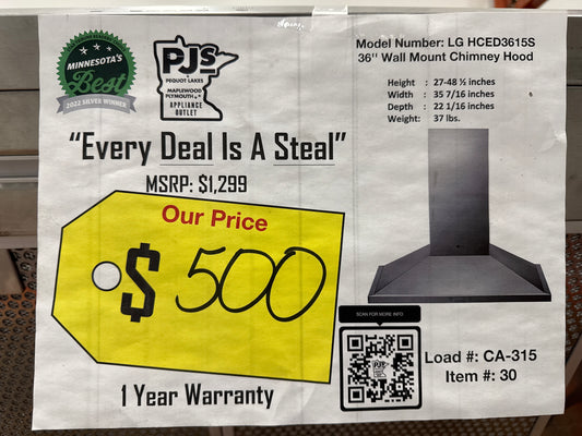 LG HCED3615S 36 Inch Wall Mount Range Hood with 5 Speed 600 CFM Internal Blower, Dishwasher Safe Mesh Filters, Dual Level LED Lighting, and RoHS Compliant: Stainless Steel