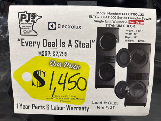 Electrolux ELTG7600AT 27 Inch 600 Series Gas Stacked Laundry Center with 4.5 cu. ft. Washer and 8 cu. ft. Gas Dryer, Smartboost® Technology, LuxCare® Plus Wash and Dry System