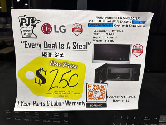 LG MVEL2033F 30 Inch Over-the-Range Smart Microwave Oven with 2.0 cu. ft. Capacity, 400 CFM Exhaust, Sensor Cook, Add 30 Seconds, Quick Defrost, 6-Auto Cook Options, Wi-Fi, Scan-to-Cook, EasyClean®, SmoothTouch™ Controls, and WideView™