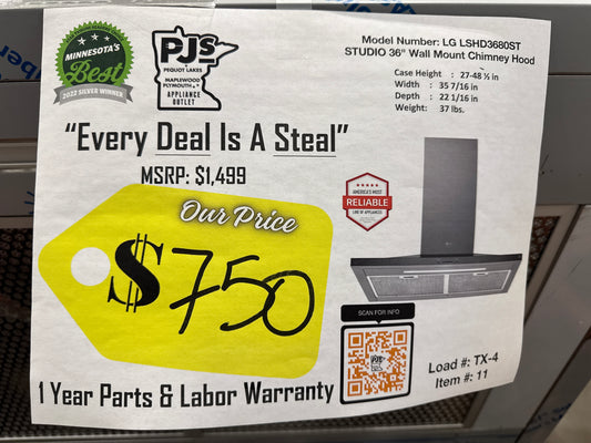 LG Studio LSHD3680ST 36 Inch Wall Mount Smart Chimney Hood with 600 CFM Internal Blower, Wi-Fi, IR Touch Controls, LED Lighting, Mesh Filters, Low-Profile Body, and RoHS Compliant: Stainless Steel