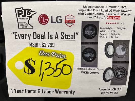 LG WKG101HVA 27 Inch Smart Gas WashTower with 4.5 Cu. Ft. Washer Capacity, 7.4 Cu. Ft. Dryer Capacity, Single Unit WashTower™ Design, Built-In Intelligence, Allergiene™ Wash Cycle, Sensor Dry, and ENERGY STAR® Certified