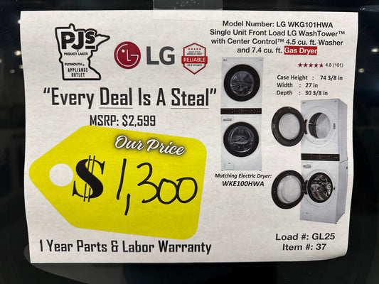 LG WKG101HWA 27 Inch Smart Gas WashTower with 4.5 Cu. Ft. Washer Capacity, 7.4 Cu. Ft. Dryer Capacity, Single Unit WashTower™ Design, Built-In Intelligence, Allergiene™ Wash Cycle, Sensor Dry, and ENERGY STAR® Certified