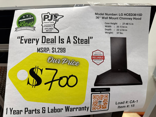 LG HCED3615D 36 Inch Wall Mount Range Hood with 5 Speed 600 CFM Internal Blower, Dishwasher Safe Mesh Filters, Dual Level LED Lighting, and RoHS Compliant: Black Stainless Steel