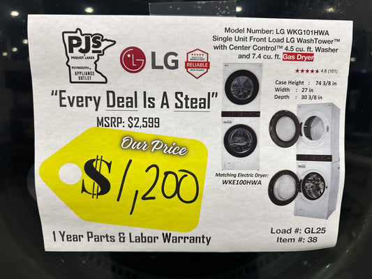 LG WKG101HWA 27 Inch Smart Gas WashTower with 4.5 Cu. Ft. Washer Capacity, 7.4 Cu. Ft. Dryer Capacity, Single Unit WashTower™ Design, Built-In Intelligence, Allergiene™ Wash Cycle, Sensor Dry, and ENERGY STAR® Certified