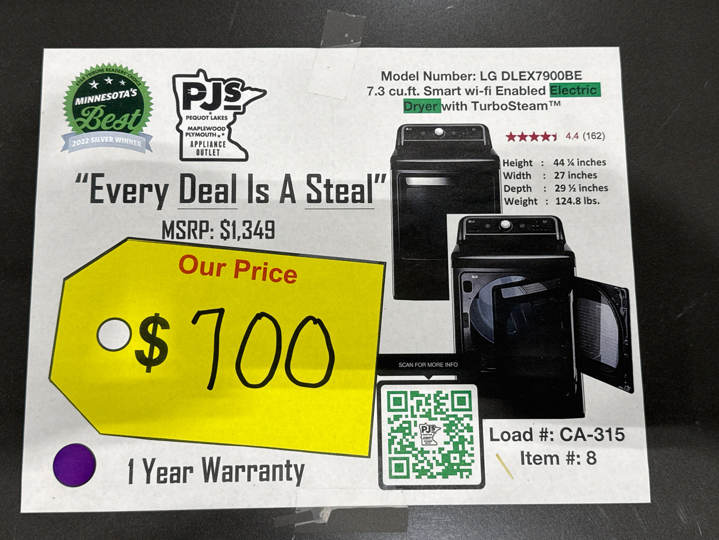 LG DLEX7900BE 7.3 cu. ft. Smart wi-fi Enabled Electric Dryer with TurboSteam™