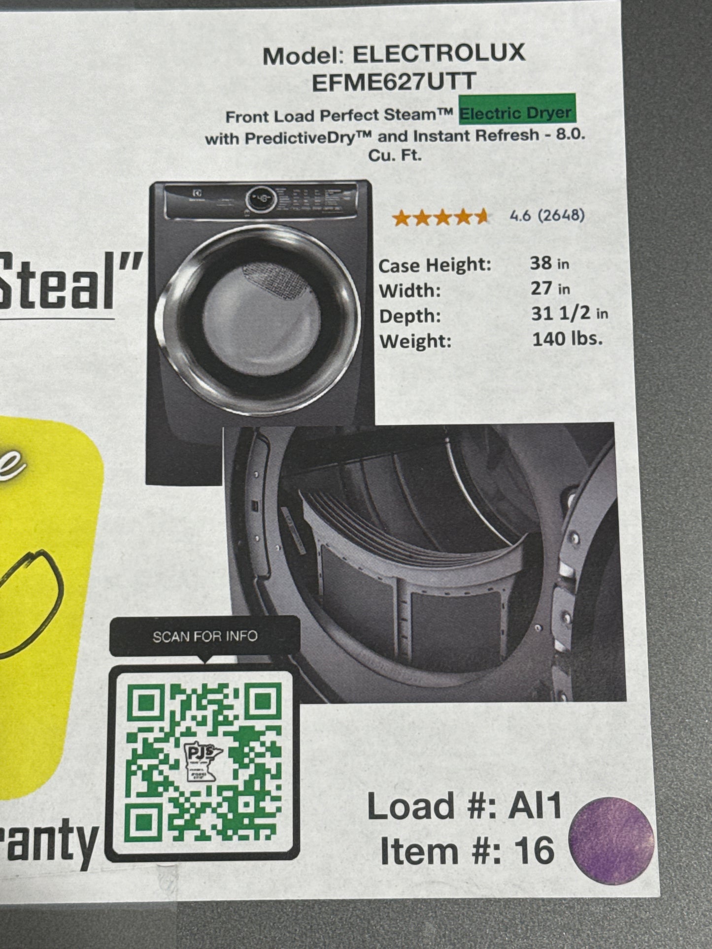 ELECTROLUX EFME627UTT Front Load Perfect Steam™ Electric Dryer with PredictiveDry™ and Instant Refresh - 8.0. Cu. Ft.