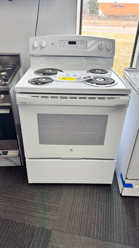 GE JBS460DMWW 30 Inch Freestanding Electric Range with 4 Coil Elements, 5 Cu. Ft. Oven Capacity, Removable Storage Drawer, Sensi-Temp Technology, Dual-Element Bake, Standard Clean Oven, and ADA Compliant: White