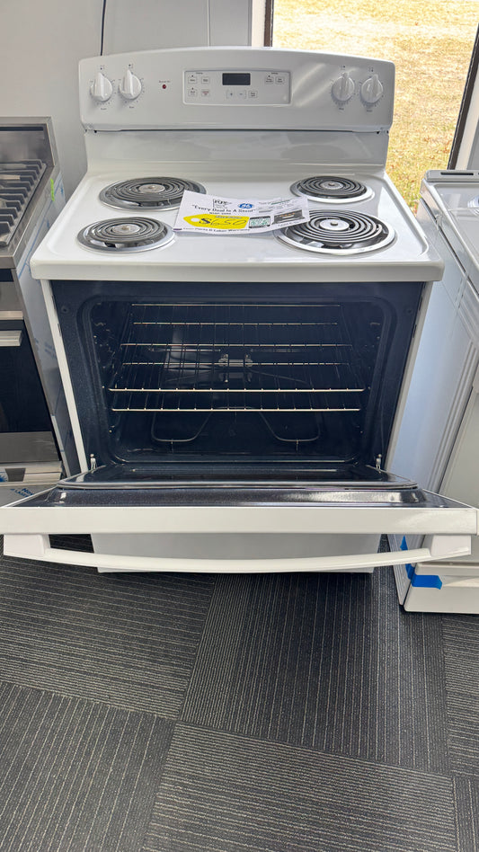 GE JBS460DMWW 30 Inch Freestanding Electric Range with 4 Coil Elements, 5 Cu. Ft. Oven Capacity, Removable Storage Drawer, Sensi-Temp Technology, Dual-Element Bake, Standard Clean Oven, and ADA Compliant: White