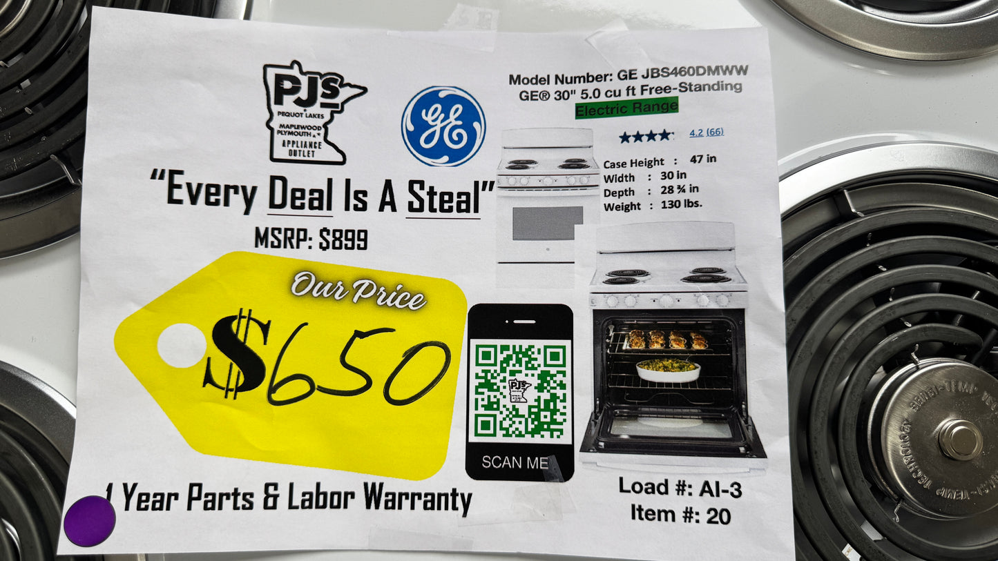 GE JBS460DMWW 30 Inch Freestanding Electric Range with 4 Coil Elements, 5 Cu. Ft. Oven Capacity, Removable Storage Drawer, Sensi-Temp Technology, Dual-Element Bake, Standard Clean Oven, and ADA Compliant: White