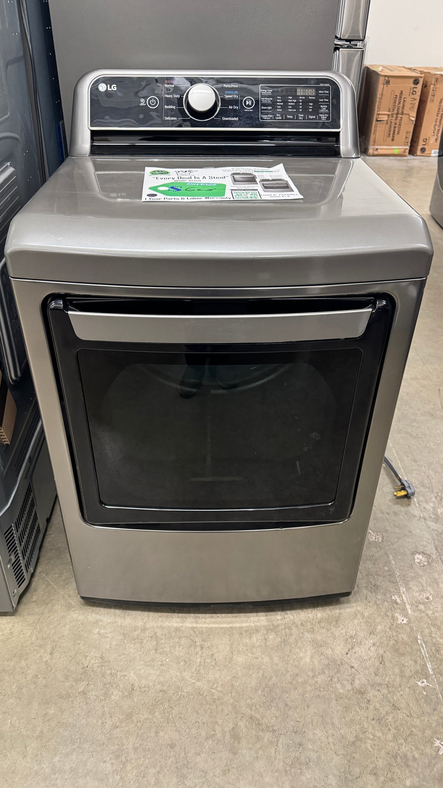 LG DLE7400VE 27 Inch Smart Electric Dryer with 7.3 Cu. Ft. Capacity, 8 Dry Cycles, 12 Dry Options, Sensor Dry, EasyLoad™ Door, ThinQ® Technology, SmartDiagnosis™, and Energy Star Certified: Graphite Steel