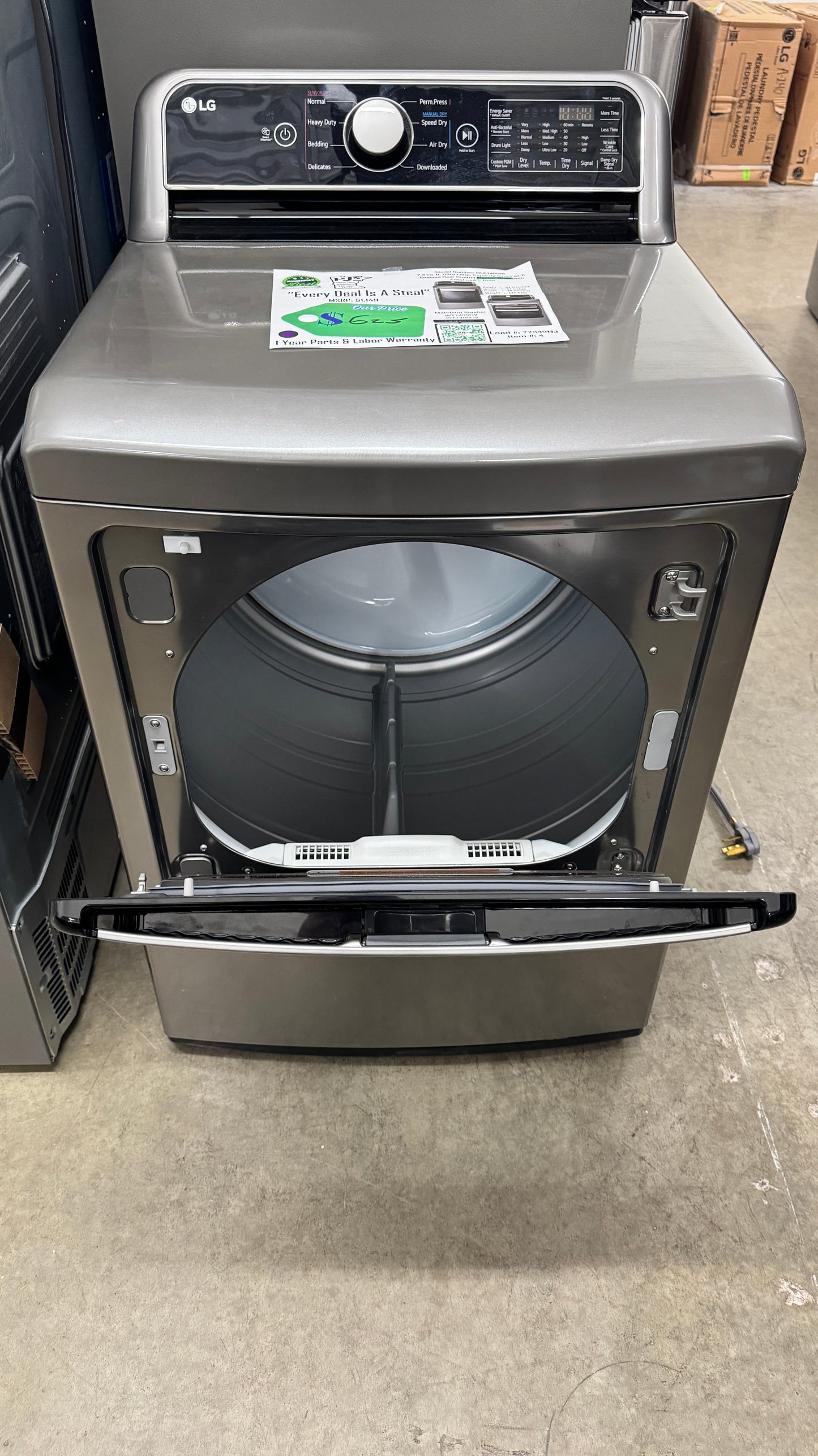 LG DLE7400VE 27 Inch Smart Electric Dryer with 7.3 Cu. Ft. Capacity, 8 Dry Cycles, 12 Dry Options, Sensor Dry, EasyLoad™ Door, ThinQ® Technology, SmartDiagnosis™, and Energy Star Certified: Graphite Steel