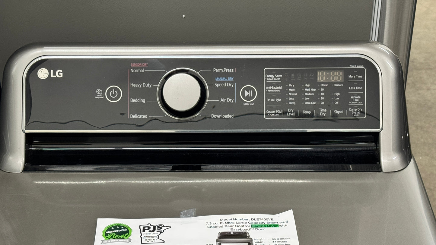 LG DLE7400VE 27 Inch Smart Electric Dryer with 7.3 Cu. Ft. Capacity, 8 Dry Cycles, 12 Dry Options, Sensor Dry, EasyLoad™ Door, ThinQ® Technology, SmartDiagnosis™, and Energy Star Certified: Graphite Steel