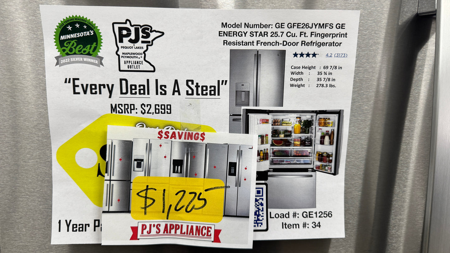 GE GFE26JYMFS ENERGY STAR 25.7 Cu. Ft. Fingerprint Resistant French-Door Refrigerator