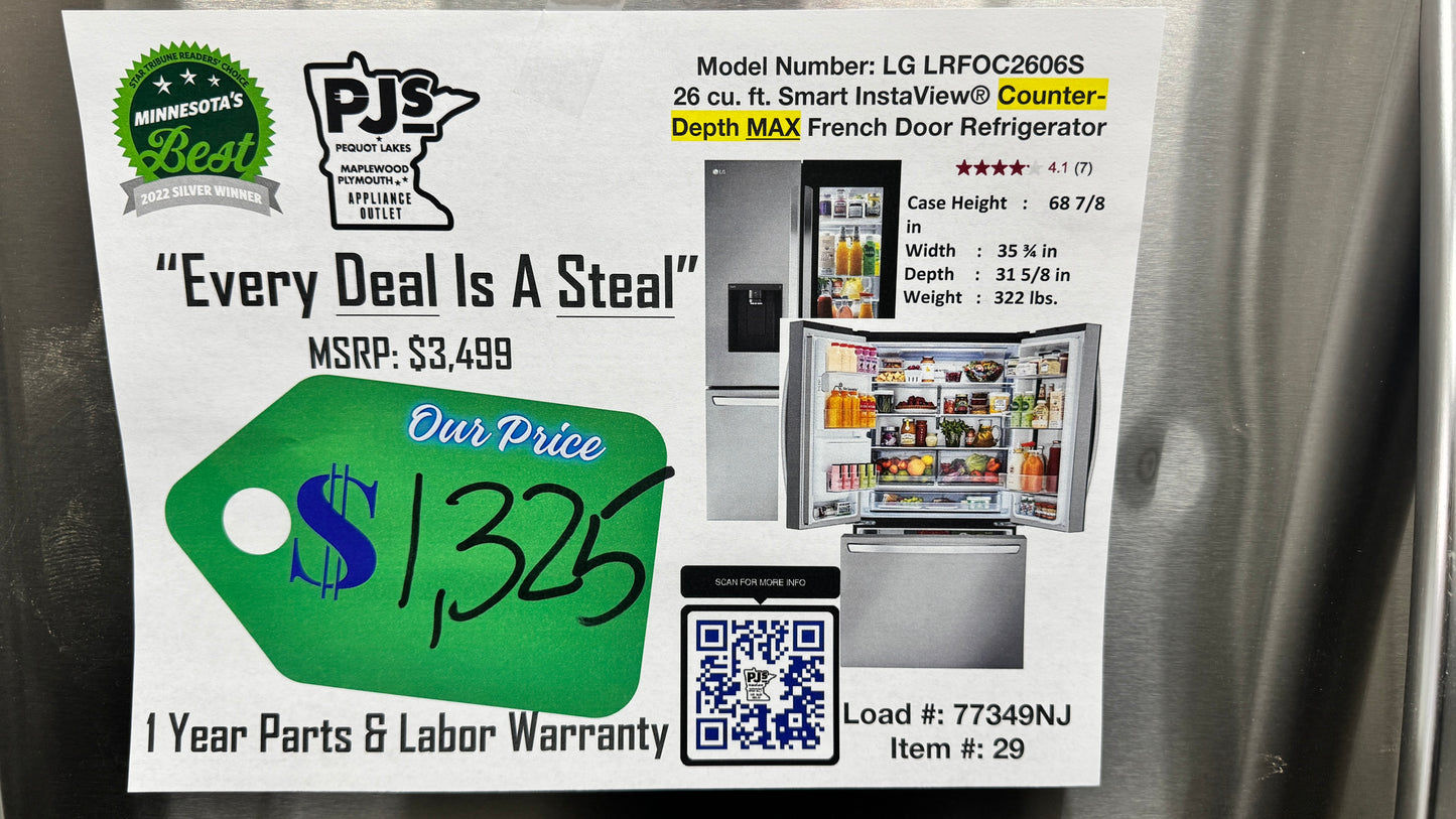 LG LRFOC2606S 26 cu. ft. Smart InstaView Counter-Depth MAX French Door Refrigerator
