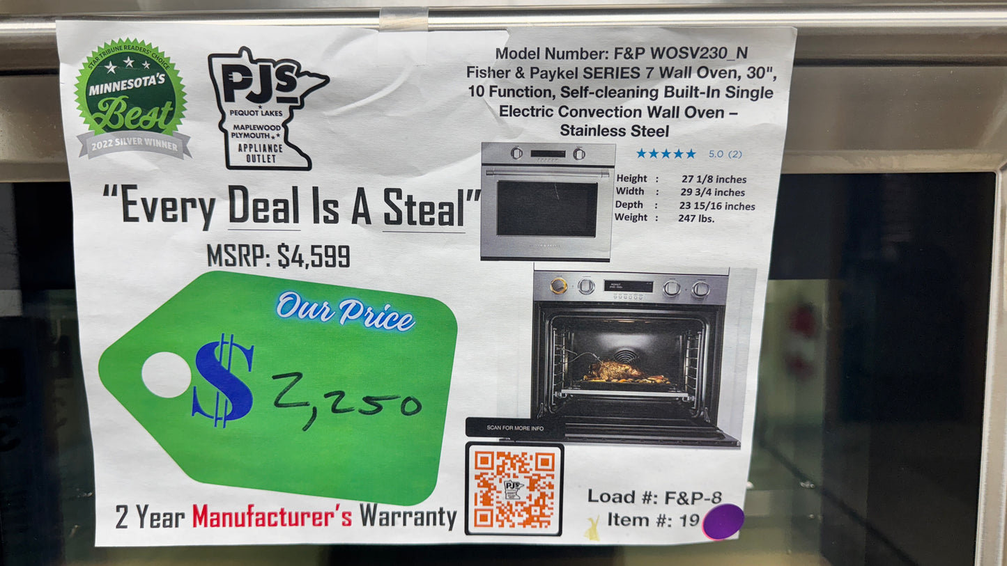 Fisher & Paykel Series 7 Professional Series WOSV230_N 30 Inch Electric Wall Oven with 4.1 cu. ft. Capacity Ovens