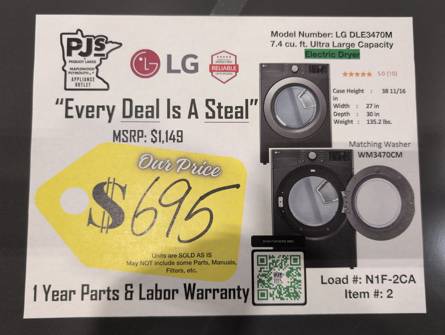LG DLE3470M 7.4 cu. ft. Ultra Large Capacity Electric Dryer - MIDDLE BLACK (GRAY)