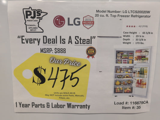 LG LTCS20020W 30 Inch Top Freezer Refrigerator with 20.2 Cu. Ft. Total Capacity, Adjustable Glass Shelves, Humidity-Controlled Crispers, Digital Temperature Controls, LED Lights, Reversible Door, and ENERGY STAR Qualified: Smooth White