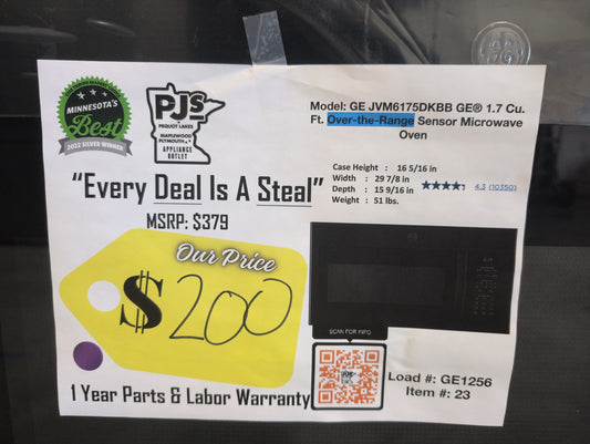 GE JVM6175DKBB 1.7 cu. ft. Over-the-Range Microwave with 1,000 Watts, 300 CFM Ventilation, 10 Power Levels, Sensor Cooking, Melt Feature, Add 30 Seconds Button, Weight and Time Defrost, Clock and Timer and Charcoal Filter: Black