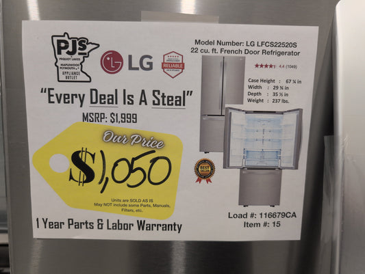 LG LFCS22520S 30 Inch French Door Refrigerator with 21.8 Cu. Ft. Capacity, Glide N' Serve™ Drawer, SpillProtector™ Shelves, Smart Cooling® and Factory Installed Ice Maker: Stainless Steel
