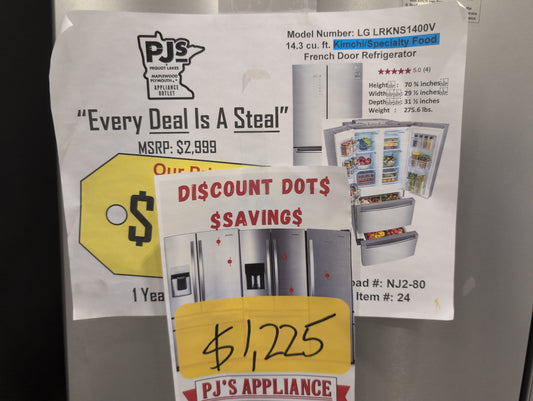 LG LRKNS1400V 30 Inch French 4-Door Kimchi/Specialty Food Refrigerator with 14.3 cu. ft. Capacity, 14 Total Bins, Cooling Care, Multi Storage Mode, Freshness Guard Cover, Multi-Air Flow™ System, and Energy Star Certified