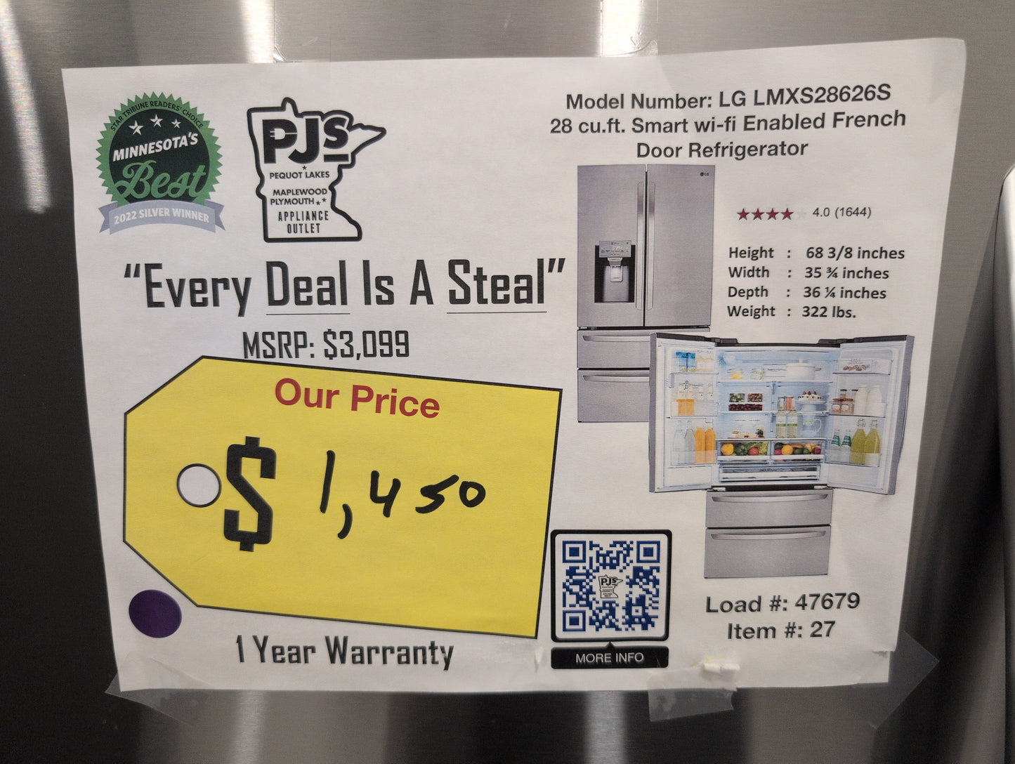 LG LMXS28626S 28 cu.ft. 4-Door French Door, Standard Depth, Ice & Water, Double Freezer, Stainless Steel