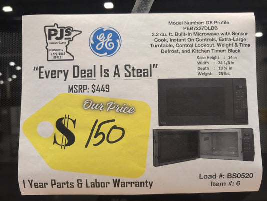 GE Profile PEB7227DLBB 2.2 cu. ft. Built-In Microwave with Sensor Cook, Instant On Controls, Extra-Large Turntable, Control Lockout, Weight & Time Defrost, and Kitchen Timer: Black