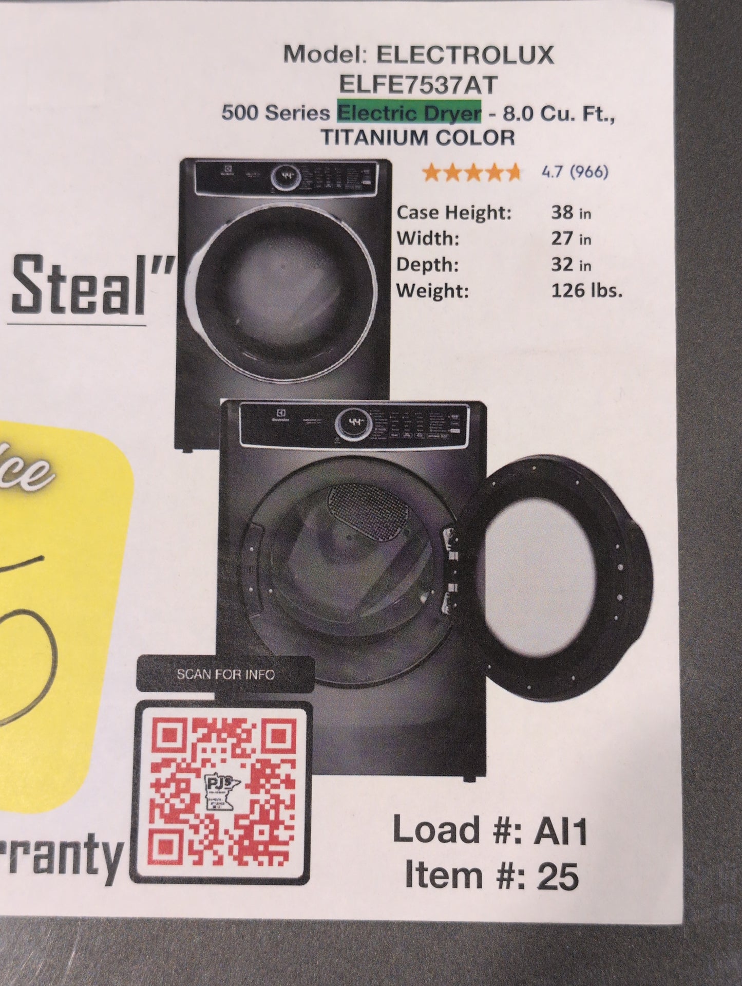ELECTROLUX ELFE7537AT Front Load 500 SERIES ELECTRIC DRYER - 8.0. Cu. Ft. TITANIUM COLOR