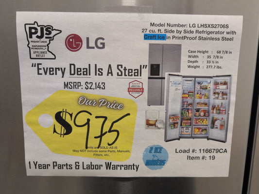 LG LHSXS2706S 27 cu. ft. Side by Side Smart Refrigerator w/ Craft Ice, External Ice and Water Dispenser in PrintProof Stainless Steel