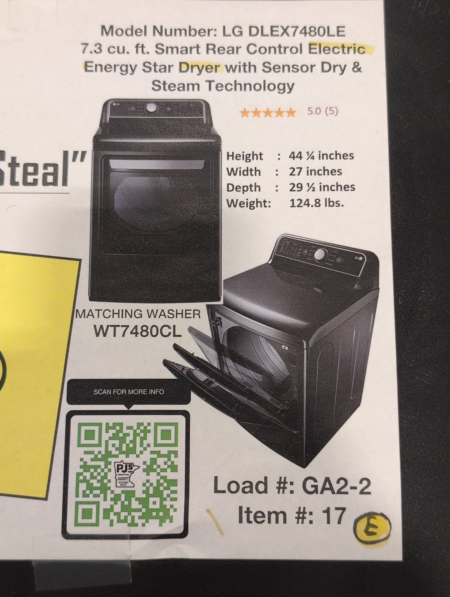 LG DLEX7480LE 7.3 cu. ft. Smart Rear Control Electric Energy Star Dryer with Sensor Dry & Steam Technology