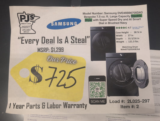 SAMSUNG DVE46BB6700DA3 Bespoke 7.5 cu. ft. Large Capacity Electric Dryer with Super Speed Dry and AI Smart Dial in Brushed Navy