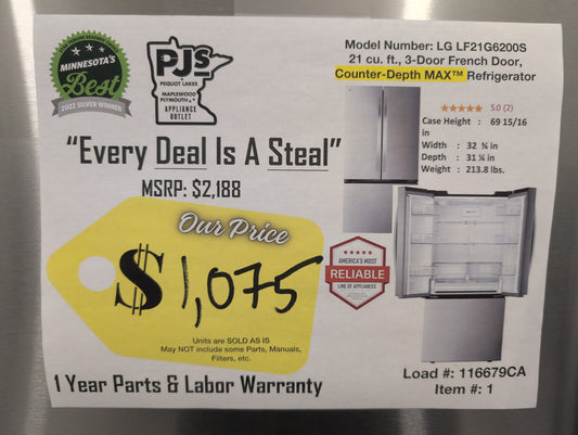 LG LF21G6200S 33 Inch Smart Counter Depth MAX French Door Refrigerator with 21 Cu. Ft. Capacity, Wi-Fi Enabled, SmartDiagnosis™, Glide N' Serve® Drawer, 6 Door Bins, Crispers, ADA Compliant, and ENERGY STAR® Qualified