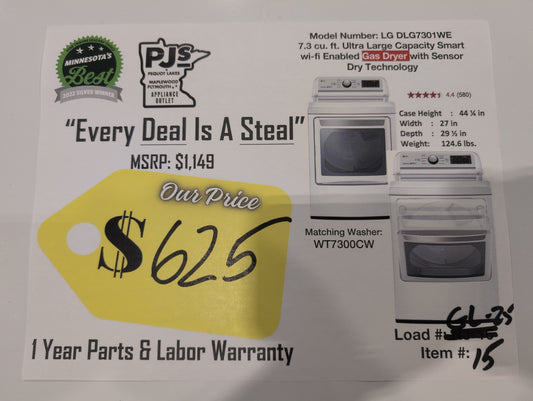 LG DLG7301WE 27 Inch Gas Smart Dryer with 7.3 cu. ft. Capacity, SmartThinQ® Technology, EasyLoad™ Door, FlowSense™ Duct Clogging Indicator, 12 Options, Sensor Dry System, Wi-Fi Connectivity, Voice Activation, Wrinkle Care Option and ENERGY STAR®: White