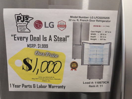 LG LFCS22520S 30 Inch French Door Refrigerator with 21.8 Cu. Ft. Capacity, Glide N' Serve™ Drawer, SpillProtector™ Shelves, Smart Cooling® and Factory Installed Ice Maker: Stainless Steel