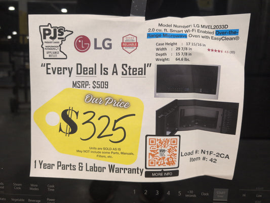 LG MVEL2033D 30 Inch Over-the-Range Smart Microwave Oven with 2.0 cu. ft. Capacity, 400 CFM Exhaust, Sensor Cook, Add 30 Seconds, Quick Defrost, 6-Auto Cook Options, Wi-Fi, Scan-to-Cook, EasyClean®, SmoothTouch™ Controls, and WideView™