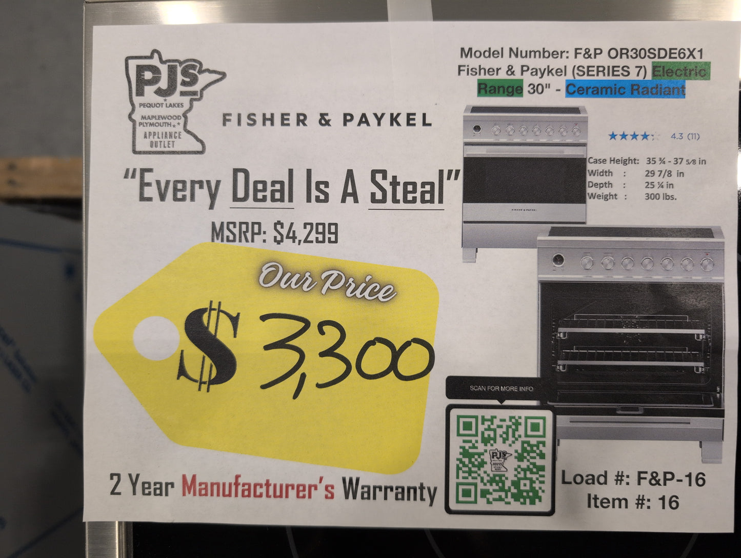 FISHER & PAYKEL OR30SDE6X1 30" Series 7 Element Slide-In Electric Range Ceramic Radiant
