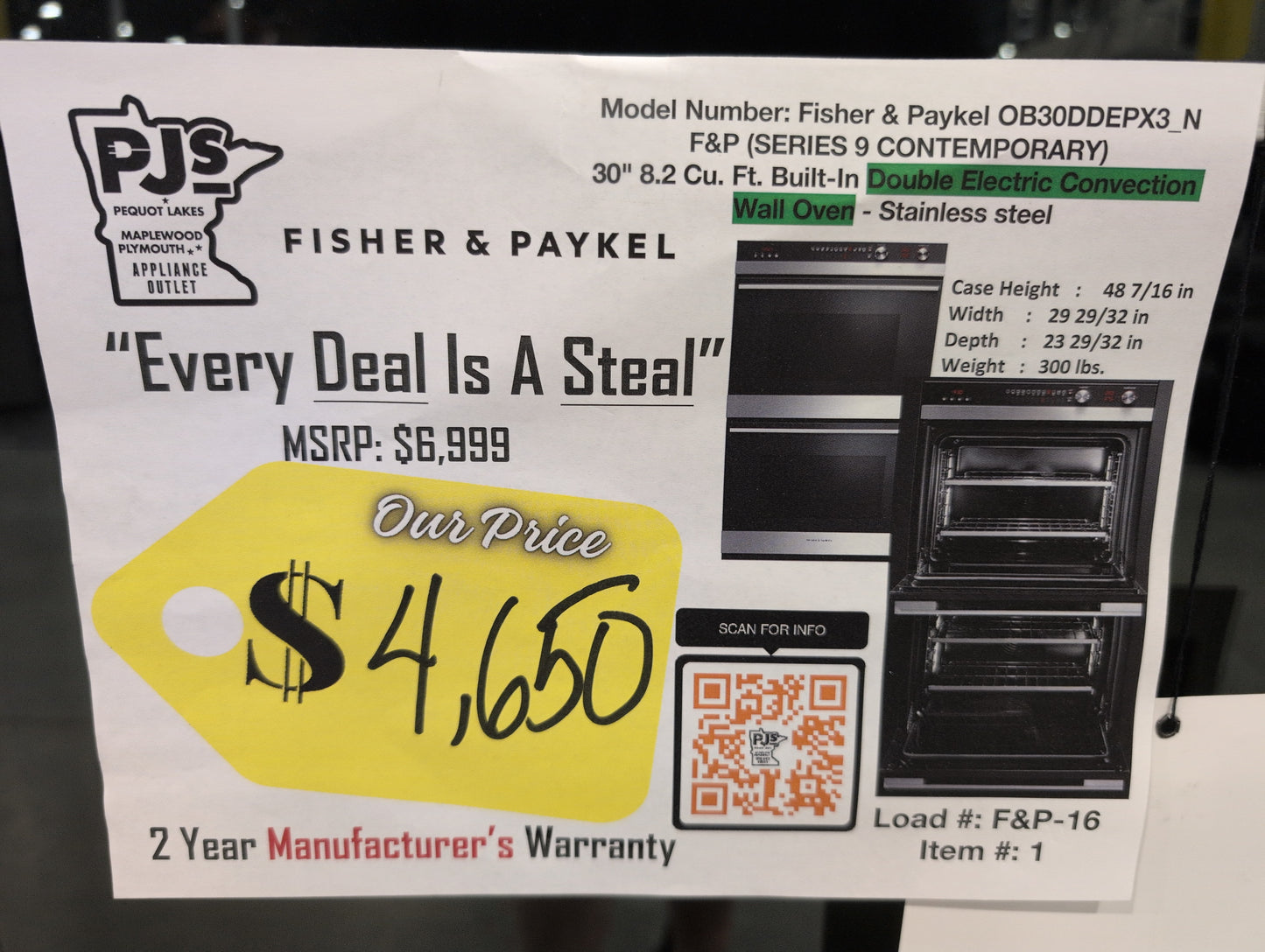 FISHER & PAYKEL OB30DDEPX3_N 30" Series 9 Contemporary Self-Cleaning Double Oven 11 Function