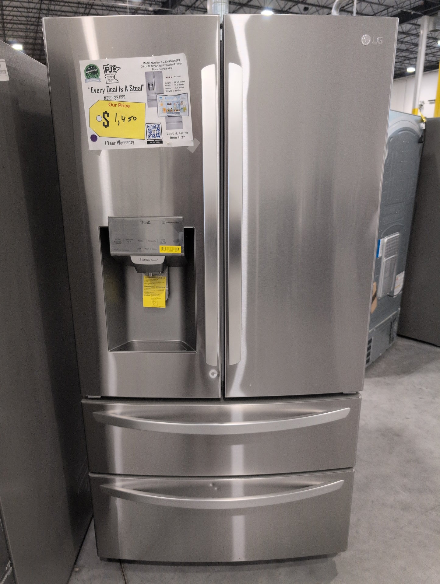 LG LMXS28626S 28 cu.ft. 4-Door French Door, Standard Depth, Ice & Water, Double Freezer, Stainless Steel