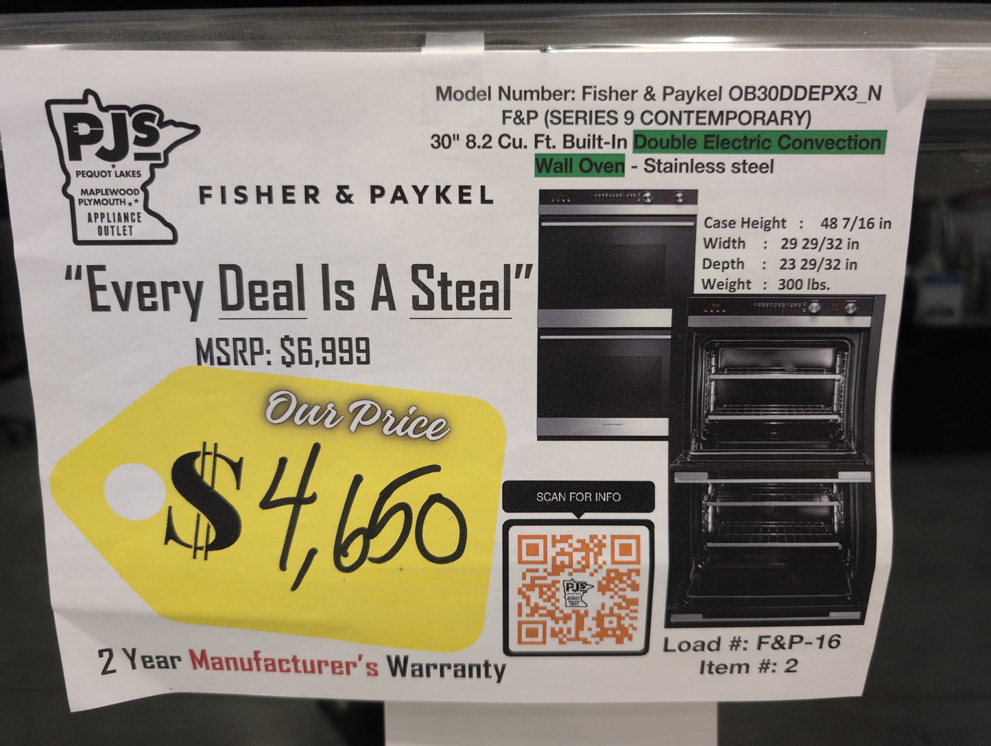 FISHER & PAYKEL OB30DDEPX3_N 30" Series 9 Contemporary Self-Cleaning Double Oven 11 Function