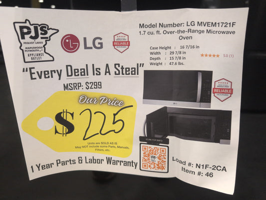 LG MVEM1721F 30 Inch Over-the-Range Microwave Oven with 1.7 cu. ft. Capacity, 300 CFM Exhaust, 1000W, 10 Power Levels, Add 30 Seconds, 9-Auto Touch settings, EasyClean®, WideView™ Window, and Child Lock