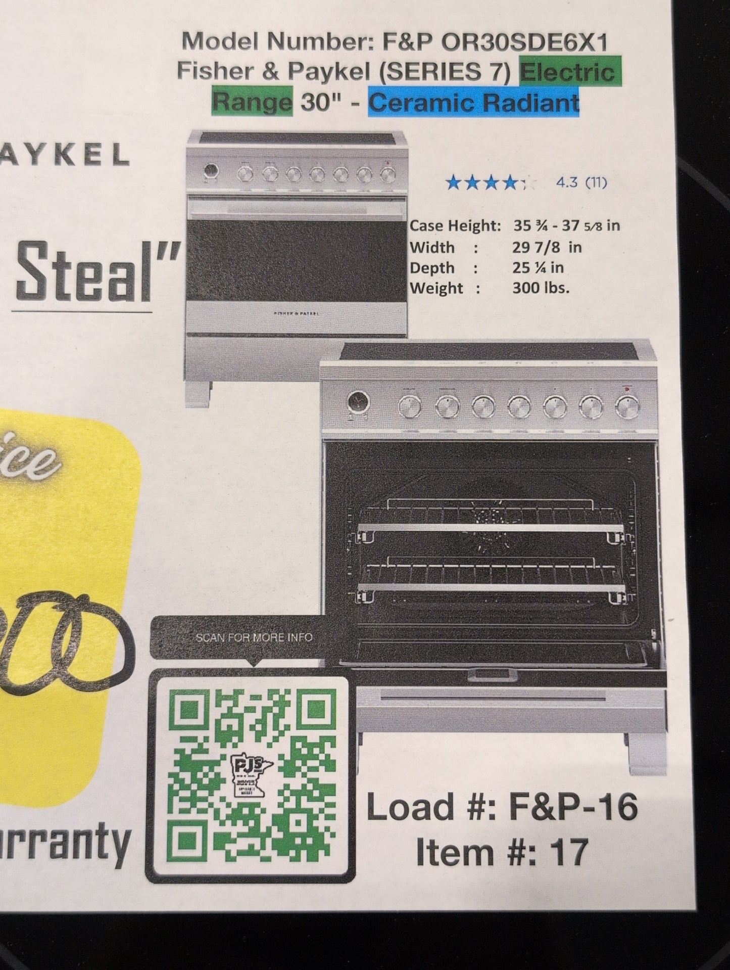 FISHER & PAYKEL OR30SDE6X1 30" Series 7 Element Slide-In Electric Range Ceramic Radiant (Copy)