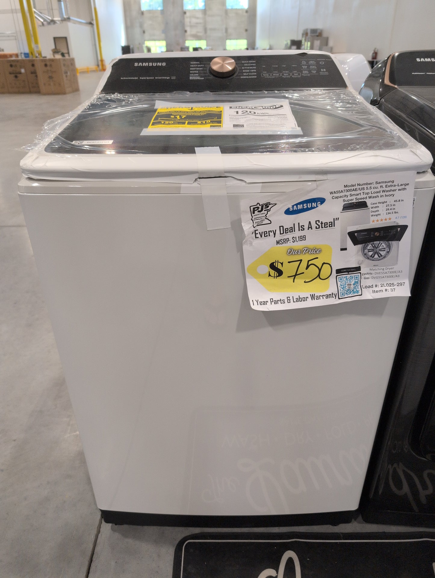 SAMSUNG WA55A7300AE 5.5 cu. ft. Extra-Large Capacity Smart Top Load Washer with Auto Dispense System in Ivory & SAMSUNG DVE55A7700V/A3 7.4 cu. ft. Smart Electric Dryer with Steam Sanitize+ in Brushed Black