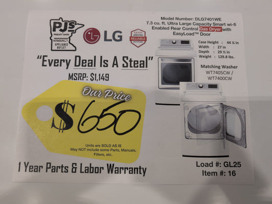 LG DLG7401WE 27 Inch Smart Gas Dryer with 7.3 Cu. Ft. Capacity, 8 Dry Cycles, 12 Dry Options, Sensor Dry, EasyLoad™ Door, ThinQ® Technology, SmartDiagnosis™, and Energy Star Certified: White