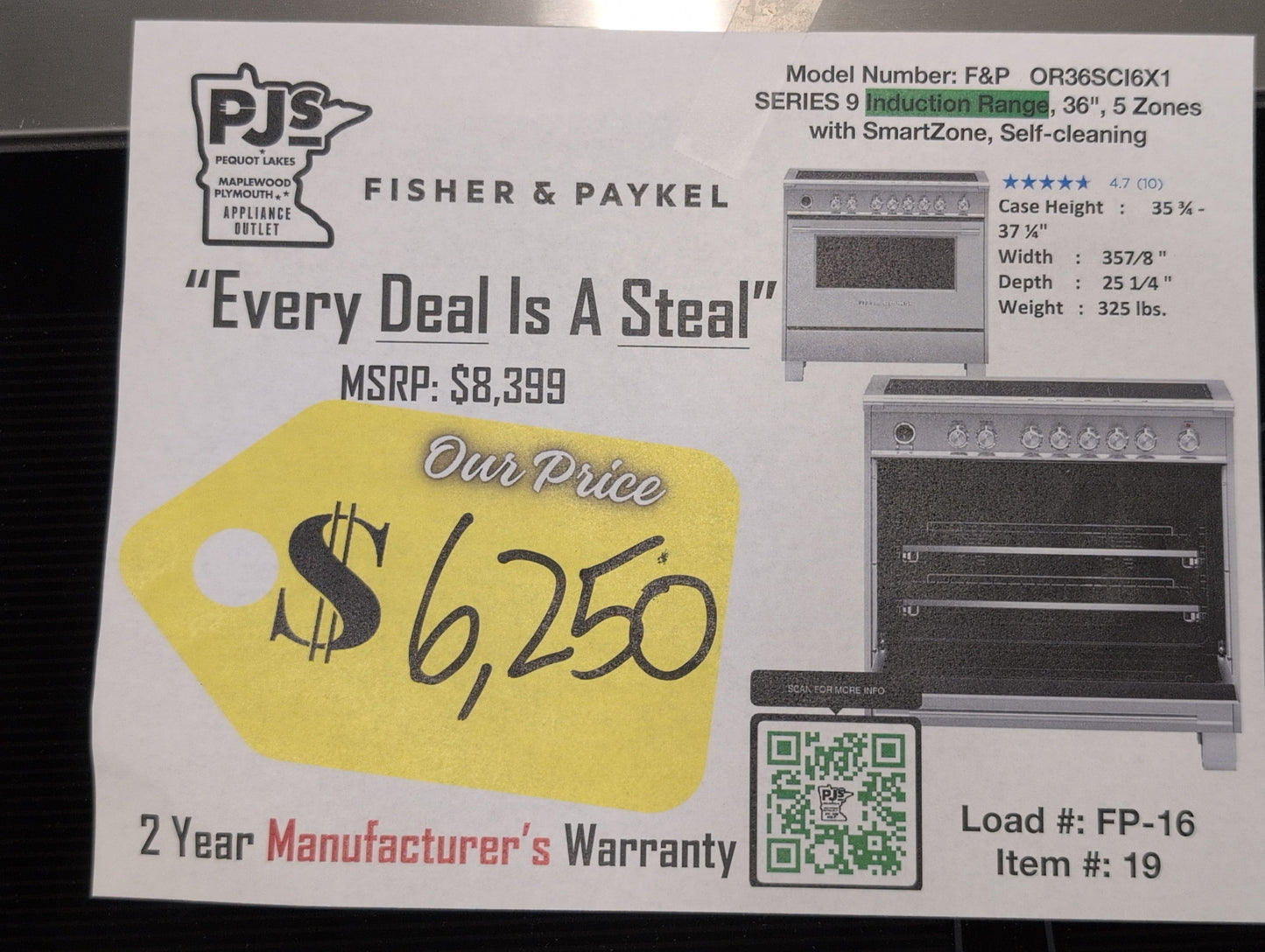 FISHER & PAYKEL OR36SCI6X1 36" Series 9 Classic 5-Zone Slide-In Induction Self-Cleaning Range; 2 SmartZones