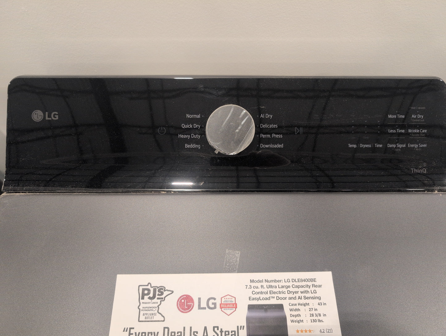 LG DLE8400BE 27 Inch Top Load Electric Dryer with 7.3 cu ft Capacity, EasyLoad™, AI Sensor Dry™, Smart Pairing™, ThinQ® Smart Technology, FlowSense® Duct Clogging and Energy Star Certified