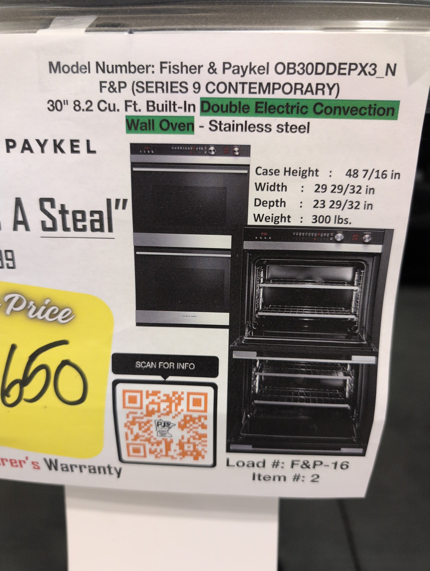FISHER & PAYKEL OB30DDEPX3_N 30" Series 9 Contemporary Self-Cleaning Double Oven 11 Function