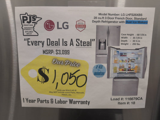 LG LHFS28XBS 28 cu. ft. 3 Door French Door, Standard Depth Refrigerator with Dual Ice Makers