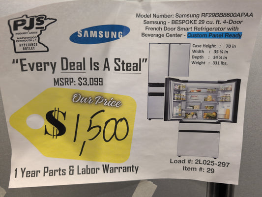 Samsung BESPOKE RF29BB8600AP 36 Inch Smart 4-Door French Door Refrigerator with 29 cu. ft. Total Capacity, Beverage Center, FlexZone™ Drawer, Dual Auto Ice Maker, Twin Cooling Plus, Wi-Fi Enabled, Customizable Door Colors, ADA Compliant