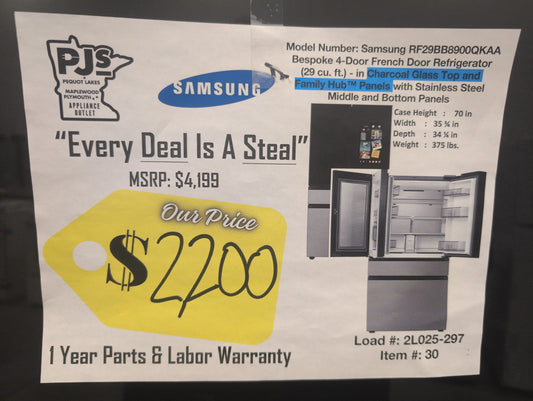 SAMSUNG RF29BB8900QKAA Bespoke 4-Door French Door Refrigerator (29 cu. ft.) - in Charcoal Glass Top and Family Hub™ Panels with Stainless Steel Middle and Bottom Panels