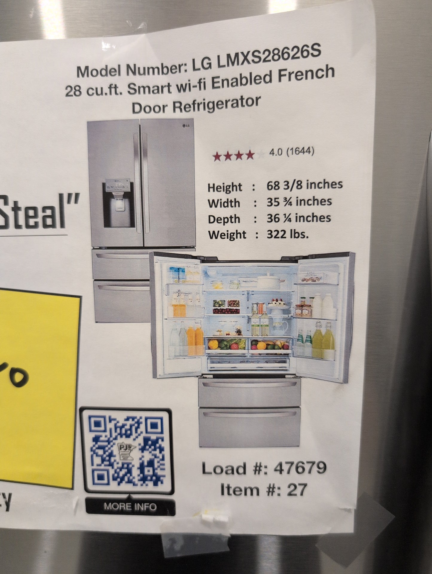LG LMXS28626S 28 cu.ft. 4-Door French Door, Standard Depth, Ice & Water, Double Freezer, Stainless Steel